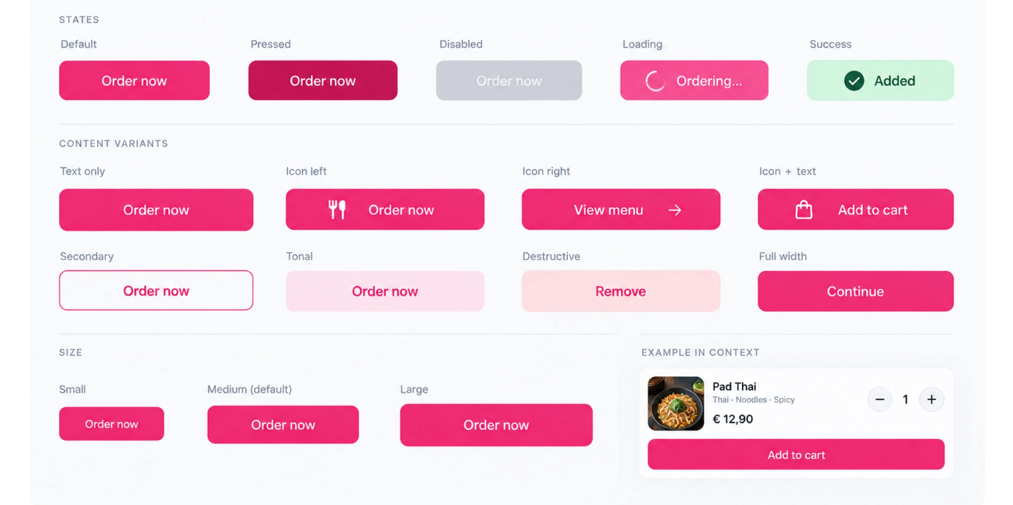 Button states, content variants, sizes and example in context