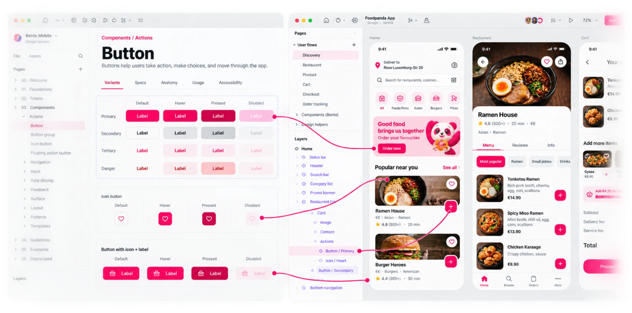 Bento design system components connected to product implementation in Figma